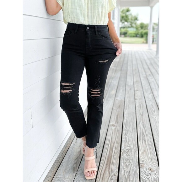 NWT ZENANA Women 31 Hi-Rise Stretch Jeans Distressed Cropped Raw Black Casual - Picture 3 of 16